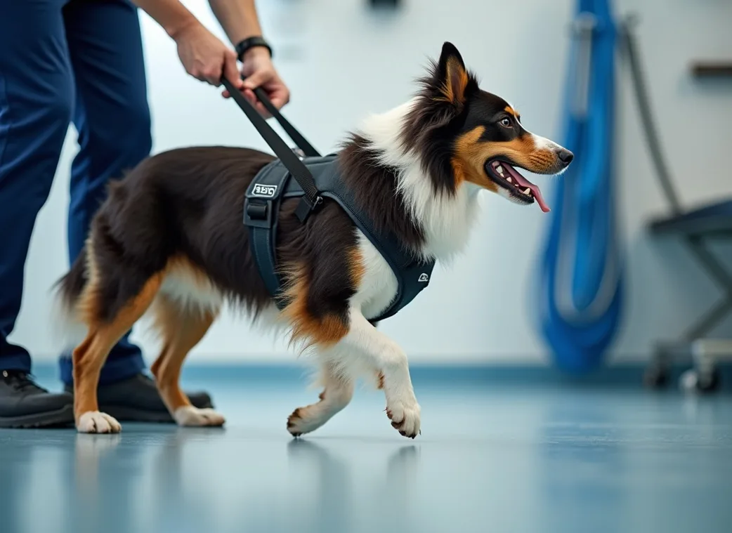 Pet rehabilitation therapist guiding a recovering border collie wearing a rear support harness