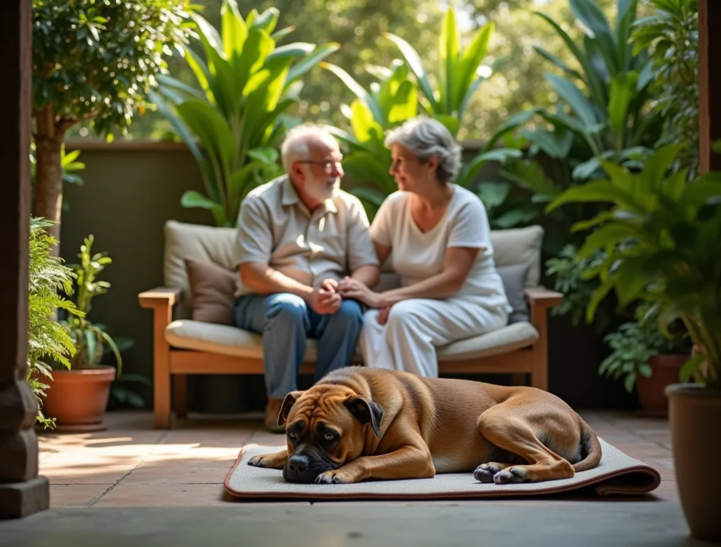 Senior couple sitting on a garden bench in their Cuernavaca patio with their elderly bulldog resting