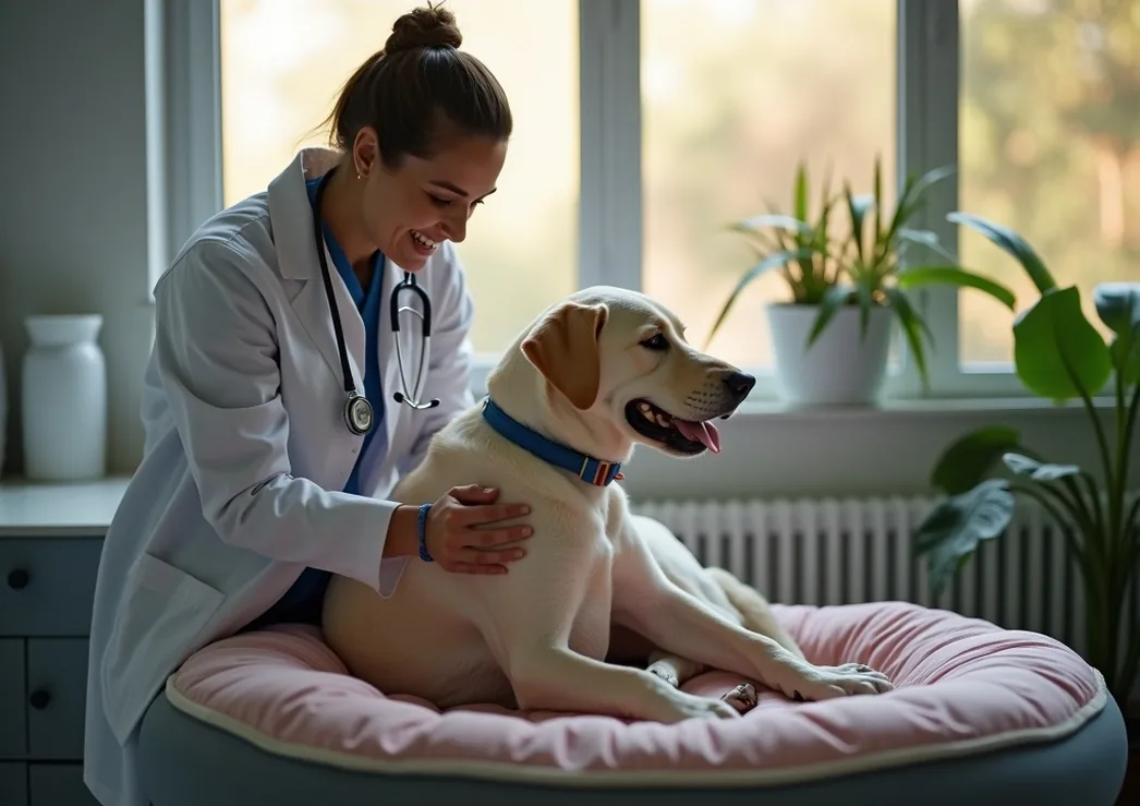 Veterinarian examining a labrador on a therapeutic donut bed in a clinic